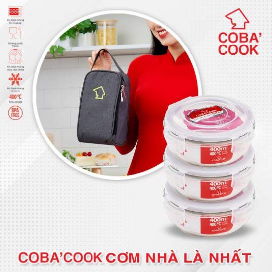 Túi đựng hộp  hình chữ nhật logo COBA'COOK 3 hộp dung tích 370 và 400 ml-CBBL